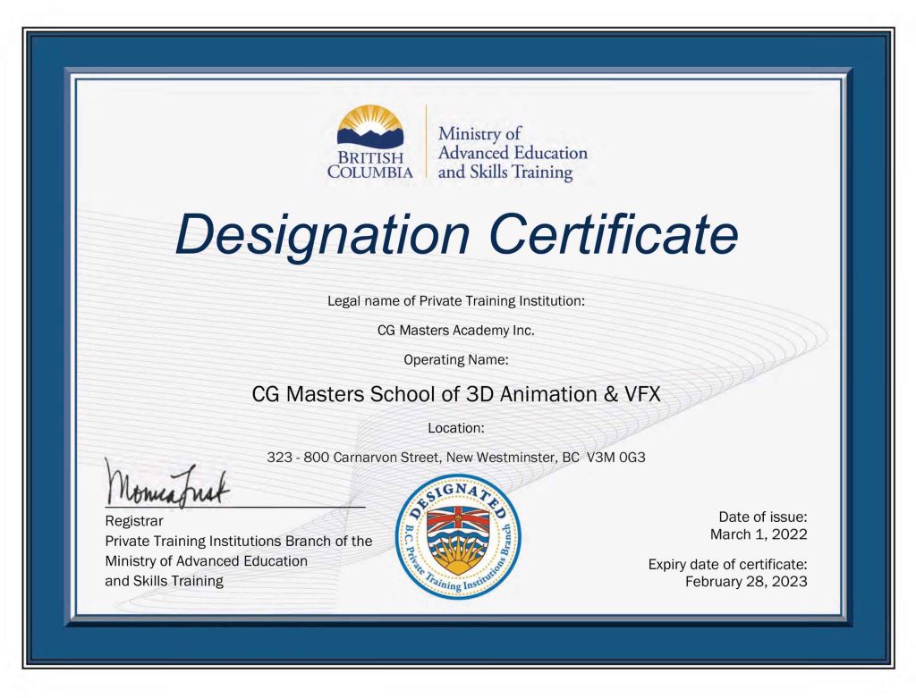 PTIB designation certificate for March 2022 to Feb 28 2023 cg masters school